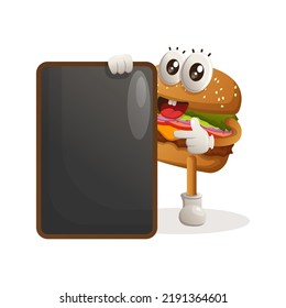 Cute burger mascot design holding menu black Board, menu board, sign board. Burger cartoon mascot character design. Delicious food with cheese, vegetables and meat. Cute mascot vector illustration