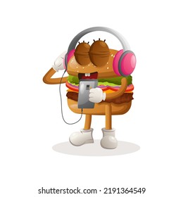 Cute burger mascot design listening music on a smartphone using a headphone. Burger cartoon mascot character design. Delicious food with cheese, vegetables and meat. Cute mascot vector illustration