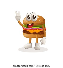 Diseño de mascota de hamburguesas con mano de paz. Diseño de personajes de mascota de dibujos animados de hamburguesas. Deliciosa comida con queso, verduras y carne. Ilustración de vector de mascota de corte