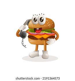 Cute burger mascot design pick up the phone, answering phone calls. Burger cartoon mascot character design. Delicious food with cheese, vegetables and meat. Cute mascot vector illustration