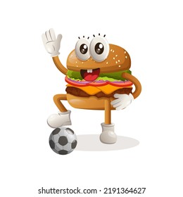 Cute burger mascot design play football, soccer ball. Burger cartoon mascot character design. Delicious food with cheese, vegetables and meat. Cute mascot vector illustration