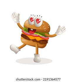 Cute burger mascot design playful and happy. Burger cartoon mascot character design. Delicious food with cheese, vegetables and meat. Cute mascot vector illustration