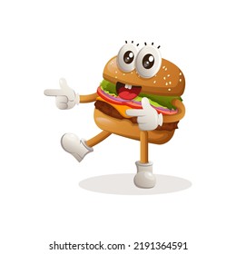 Diseño de mascota de hamburguesa lindo con mano puntiaguda. Diseño de personajes de mascota de dibujos animados de hamburguesas. Deliciosa comida con queso, verduras y carne. Ilustración de vector de mascota de corte