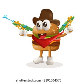 Diseño de mascota de hamburguesa lindo jugando con un juguete de pistola de agua, usando sombrero de vaquero. Diseño de personajes de mascota de dibujos animados de hamburguesas. Deliciosa comida con queso, verduras y carne. Ilustración de vector de mascota de corte