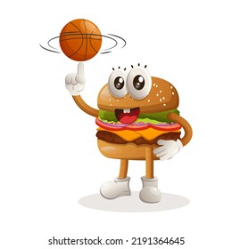 Cute burger mascot design playing basketball, freestyle with ball. Burger cartoon mascot character design. Delicious food with cheese, vegetables and meat. Cute mascot vector illustration