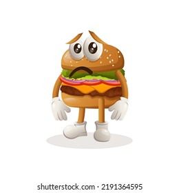 Diseño de mascota de hamburguesas con expresión triste. Diseño de personajes de mascota de dibujos animados de hamburguesas. Deliciosa comida con queso, verduras y carne. Ilustración de vector de mascota de corte