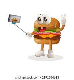 Cute burger mascot design takes a selfie with smartphone. Burger cartoon mascot character design. Delicious food with cheese, vegetables and meat. Cute mascot vector illustration