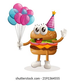 Cute burger mascot design wearing a birthday hat, holding balloons. Burger cartoon mascot character design. Delicious food with cheese, vegetables and meat. Cute mascot vector illustration