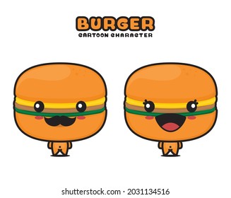 cute burger mascot, food cartoon illustration, isolated on white background