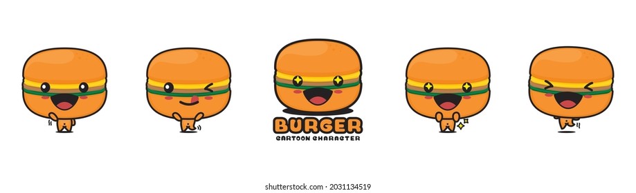 cute burger mascot, food cartoon illustration, with different facial expressions and poses, isolated on white background