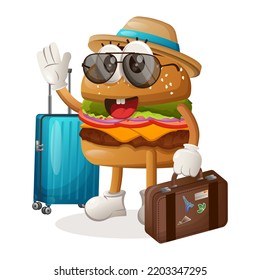 Cute burger mascot on vacation carrying a suitcase. Perfect for food store, small business or e-Commerce, merchandise and sticker, banner promotion, food review blog or vlog channel
