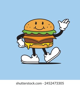 Cute burger mascot vector the Concept of Isolated Technology. Flat Cartoon Style Suitable for Landing Web Pages,T shirt, Flyers, Stickers