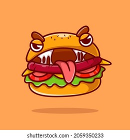 Cute Burger Monster Cartoon Vector Icon Illustration. Food Object Icon Concept Isolated Premium Vector. Flat Cartoon Style