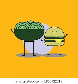 Cute burger and noodle hold hand Illustration. modern simple food vector icon, flat graphic symbol in trendy flat design style. Food character.