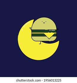 Cute Burger auf Halbmond Illustration. Junk Food. Fast Food. Modernes, einfaches Lebensmittel-Vektorsymbol, flaches Bildsymbol im trendigen, flachen Design-Stil. Tapete. Absperrschirm. Muster. Rahmen. Kinder.