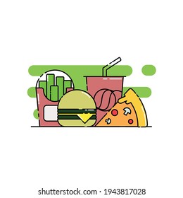 Cute burger, pizza, french fries, and soda Illustration, wallpaper. modern simple food vector icon, flat graphic symbol in trendy flat design style.