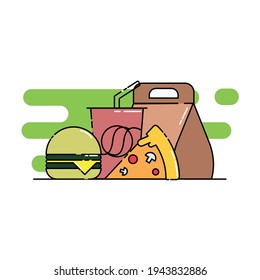 Cute burger, pizza, soda, and package Illustration, wallpaper. modern simple food vector icon, flat graphic symbol in trendy flat design style.