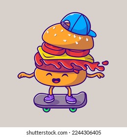 Cute Burger Playing Skateboard Cartoon Vector Icon Illustration. Food Sport Icon Concept Isolated Premium Vector. Flat Cartoon Style