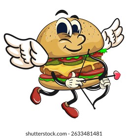cute burger retro vektor illustration mascot character become a cupid with angel wings and the arrow of love, work of hand drawn
