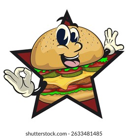 cute burger retro vektor illustration mascot character out from of a star by giving an OK sign, work of hand drawn
