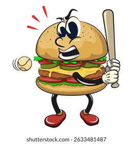 cute burger retro vektor illustration mascot character playing baseball ready to hit the ball with the bat, work of hand drawn