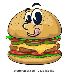 cute burger retro vektor illustration mascot character, work of hand drawn