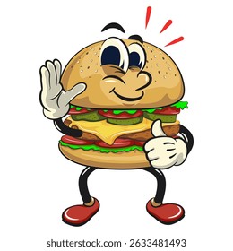 cute burger retro vektor illustration mascot character wave hand and give a thumbs up sign, work of hand drawn