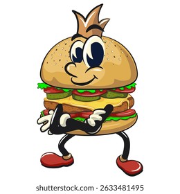 cute burger retro vektor illustration mascot character crowned like a king while folding his arms calmly, work of hand drawn