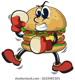 cute burger retro vektor illustration mascot character practicing boxing wearing boxing glove, work of hand drawn