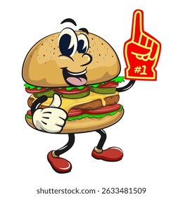 bonitinho hambúrguer retro vektor ilustração mascote personagem levantar dedo de espuma, trabalho de mão desenhada
