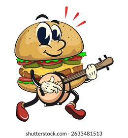 cute burger retro vektor illustration mascot character playing the banjo musical instrument, work of hand drawn