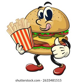 cute burger retro vektor illustration mascot character brought a box of french fries, work of hand drawn