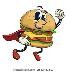 cute burger retro vektor illustration mascot character as flying superhero wearing a robe, work of hand drawn