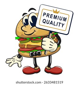 cute burger retro vektor illustration mascot character with a sign that says premium quality, work of hand drawn