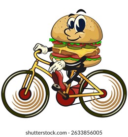 cute burger retro vektor illustration mascot character enjoy riding a bike, work of hand drawn
