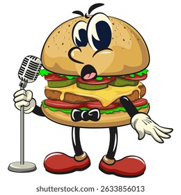 cute burger retro vektor illustration mascot character on front of the mic become a stand up comedian, work of hand drawn