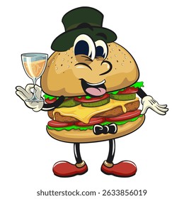 cute burger retro vektor illustration mascot character wearing hat and bow tie raising a wine glass, work of hand drawn