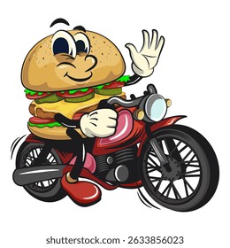 cute burger retro vektor illustration mascot character riding a big motorcycle, work of hand drawn