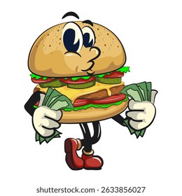 cute burger retro vektor illustration mascot character carrying money while whistling, work of hand drawn