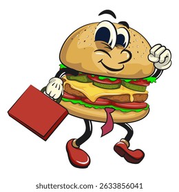cute burger retro vektor illustration mascot character in a suitcase rushing to the office, work of hand drawn
