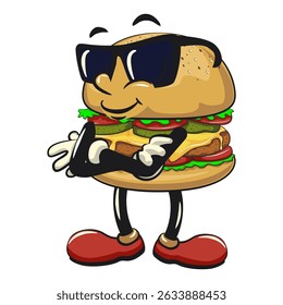 cute burger retro vektor illustration mascot character wearing sunglasses folding his arms calmly, work of hand drawn