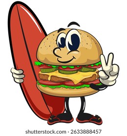 cute burger retro vektor illustration mascot character with surfboard and gave a peace sign, work of hand drawn
