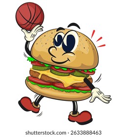cute burger retro vektor illustration mascot character playing basketball, work of hand drawn