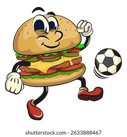 cute burger retro vektor illustration mascot character playing football or soccer, work of hand drawn