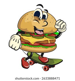 cute burger retro vektor illustration mascot character playing skateboard, work of hand drawn