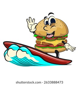 cute burger retro vektor illustration mascot character surfing riding the waves, work of hand drawn