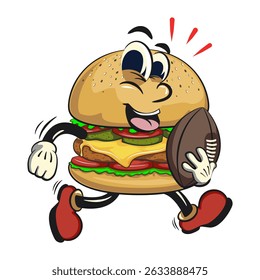 cute burger retro vektor illustration mascot character playing rugby and american football, work of hand drawn