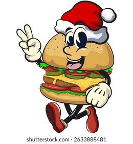 cute burger retro vektor illustration mascot character wearing a Santa Claus hat while giving a two-finger peace sign, work of hand drawn