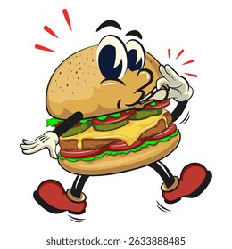 cute burger retro vektor illustration mascot character blowing the whistle, work of hand drawn