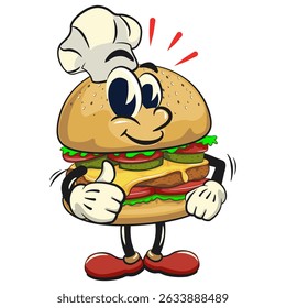 cute burger retro vektor illustration mascot character as chef give thumbs up, work of hand drawn